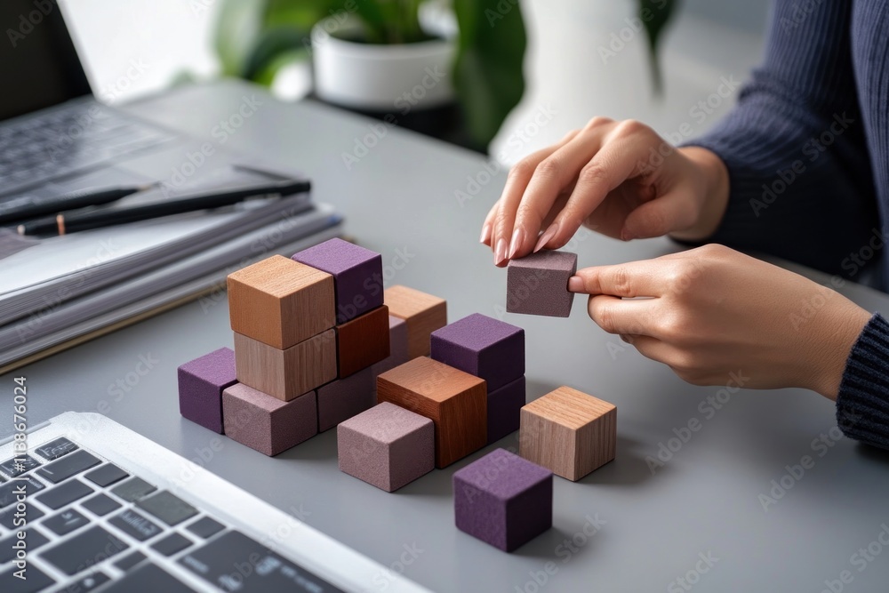 Aufkleber Hands build cube structure on table with laptop and notebook.