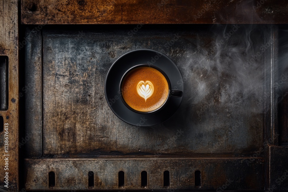 Poster Steaming latte with latte art on metallic surface, overhead view.