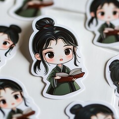 Asian girl sticker holding book