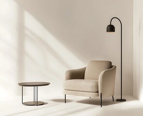 A minimal Scandinavian living room featuring an armchair, coffee table, and floor lamp against a white wall, showcasing a sleek and modern design suitable for a home decor magazine mockup