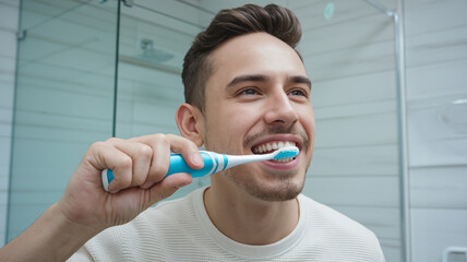 Man Brushing Teeth in Bathroom with Electric Toothbrush