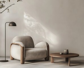 A minimal Scandinavian living room featuring an armchair, coffee table, and floor lamp against a white wall, showcasing a sleek and modern design suitable for a home decor magazine mockup