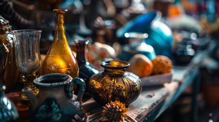 Collection of antique glass bottles and pottery in a vintage setting