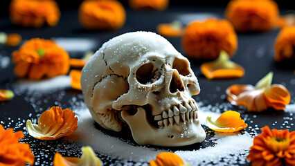 Sugar skull with marigolds, Day of the Dead