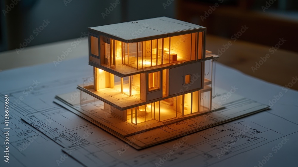 Poster lit model of a modern three-story house on top of architectural blueprints.