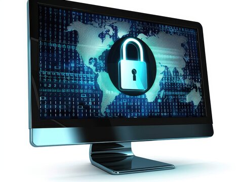 Secure digital monitor locking data in technology illustration
