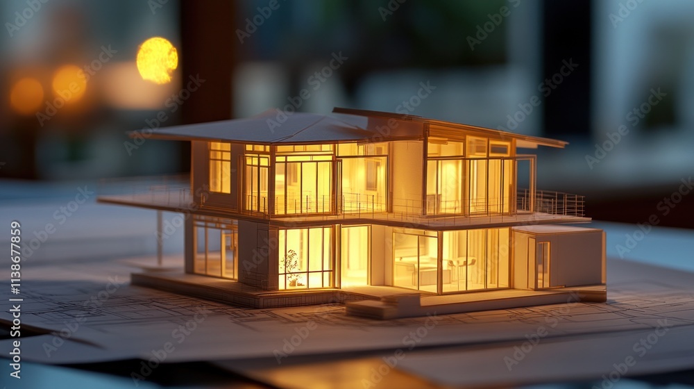 Poster illuminated house model on architectural plans at dusk.
