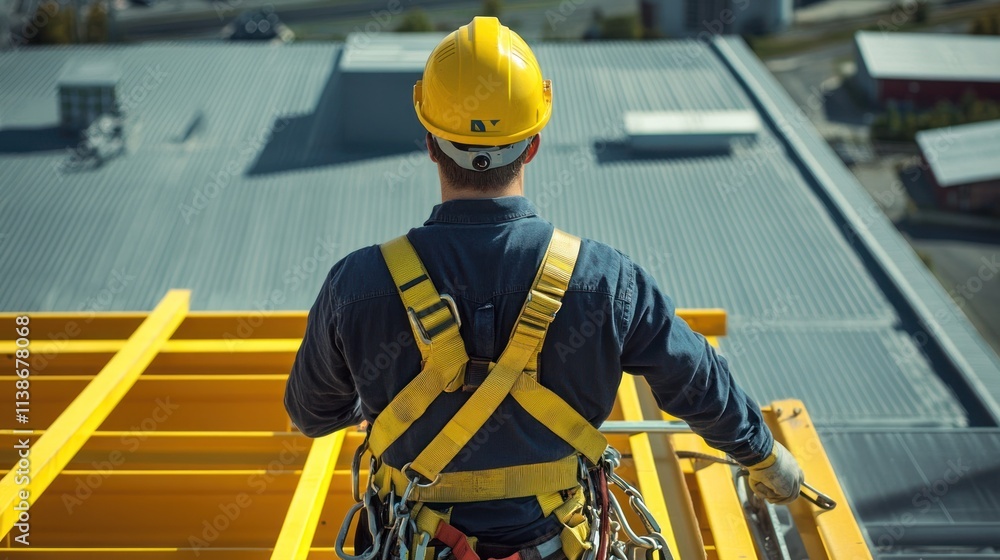 Poster worker with harness standing on tall structure, looking over building.