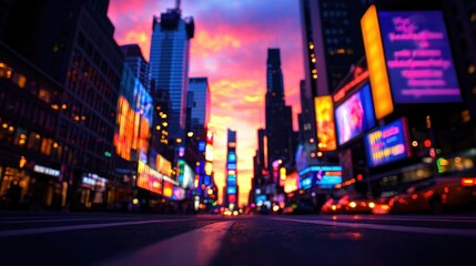 Fototapeta premium Vibrant Cityscape at Sunset with Neon Lights and Urban Atmosphere