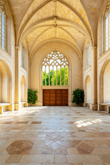 A large room with arches and a large wooden door in a building