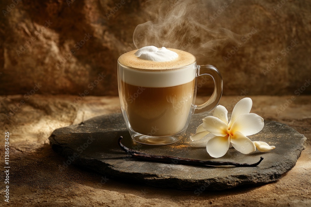 Poster steaming latte, vanilla bean, frangipani on stone surface with textured background.