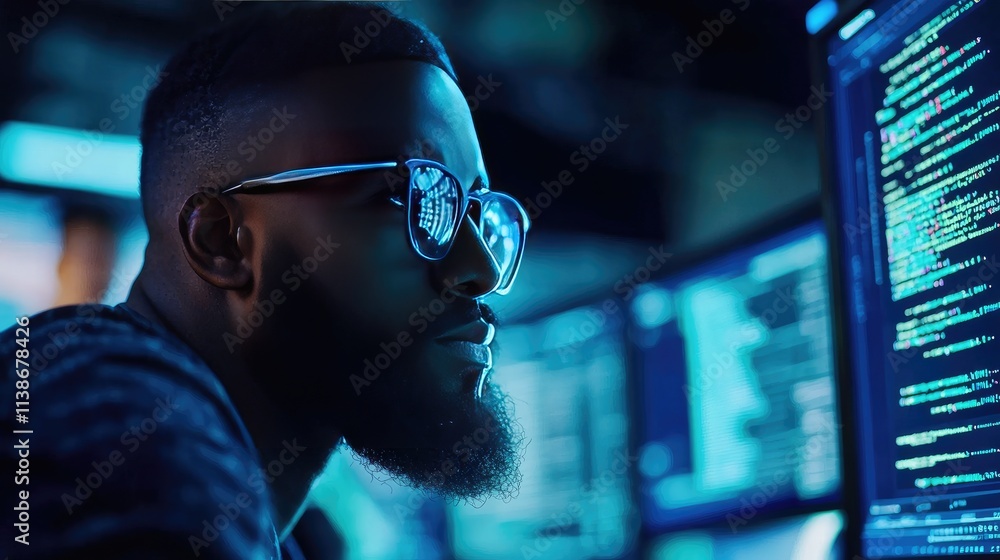 Poster focused male coder analyzing data on computer screens at night