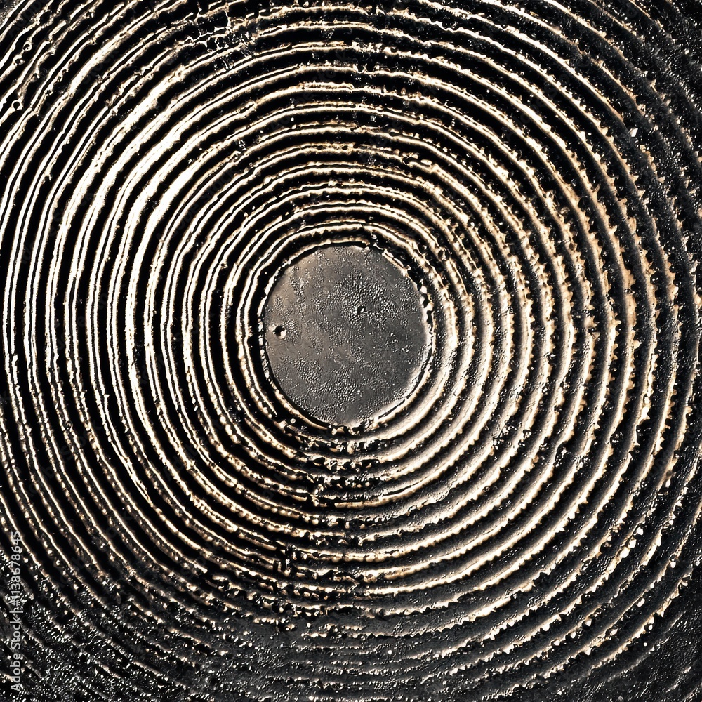 Poster abstract close-up of concentric circular patterns in dark metallic tones.