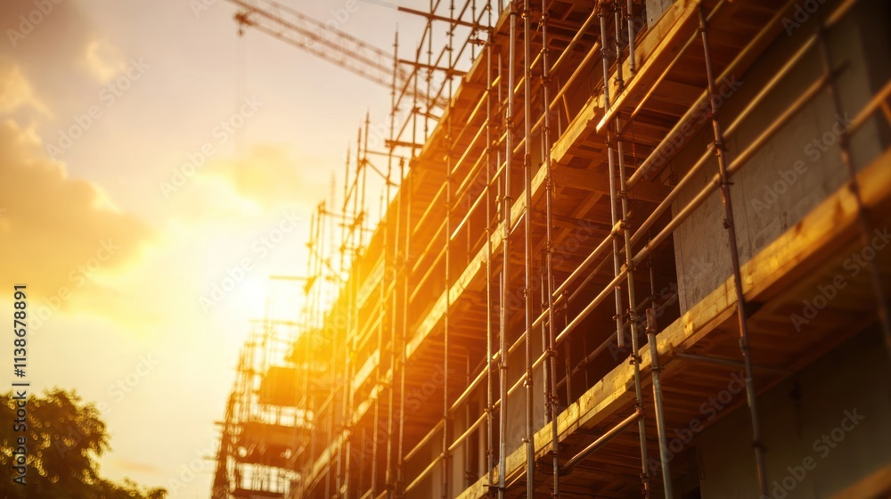 Aufkleber building under construction with scaffolding at golden hour.
