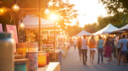 Vibrant Summer Evening at a Pop-Up Market with Stalls and Shoppers - obrazy, fototapety, plakaty