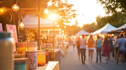 Rolgordijnen zonder boren Vibrant Summer Evening at a Pop-Up Market with Stalls and Shoppers © atdigit