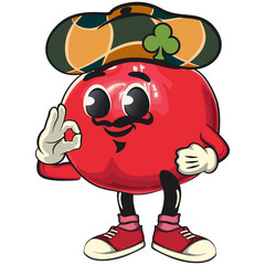Cute Kawaii Pomegranate character wearing a unique hat with a clover leaf symbol, vector hand drawn cartoon isolated icon illustration, work of hand drawn