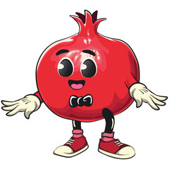Cute Kawaii Pomegranate character wearing a bow tie and feeling cool, vector hand drawn cartoon isolated icon illustration, work of hand drawn