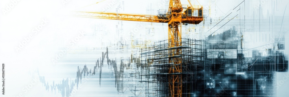Poster construction site with crane and graphs.