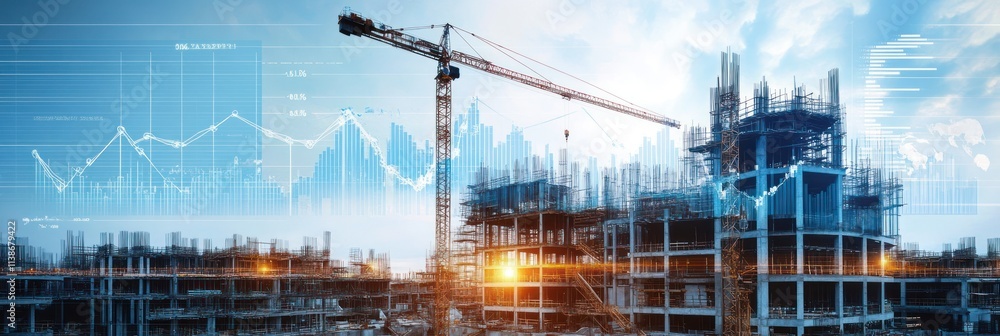 Aufkleber construction site with data overlay, blurred building and crane on sky.