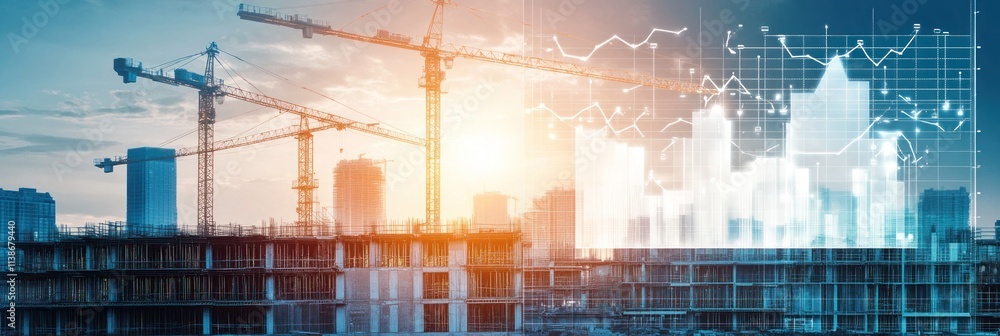 Aufkleber construction site with cranes and transparent data graphs overlay.