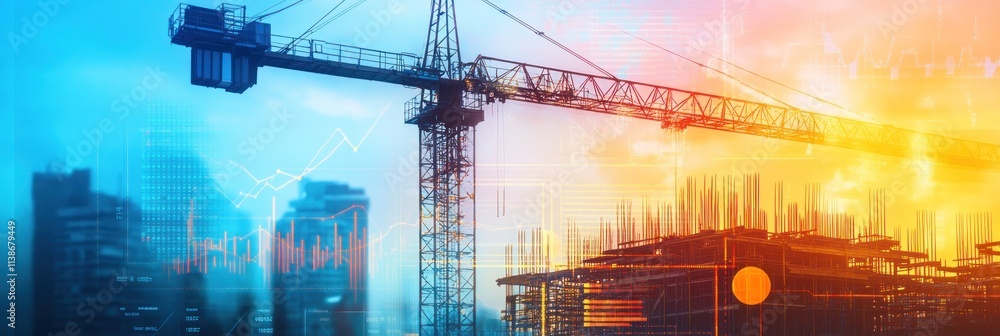 Poster crane with building construction and financial data overlays.