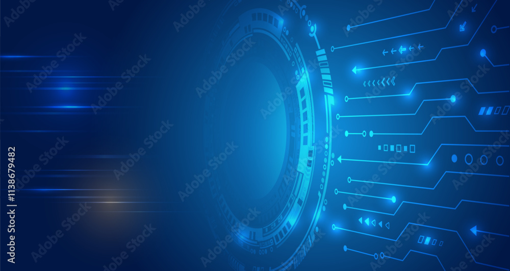 Poster Data transfer and protection, internet communication on a blue background. High computer technology design. Modern data protection vector presentation. Abstract circuit board futuristic concept.