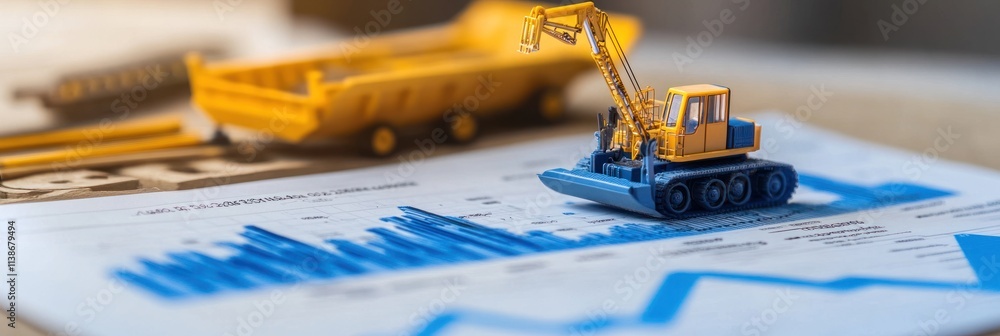 Poster toy excavator on chart. dump truck background. shallow depth of field.