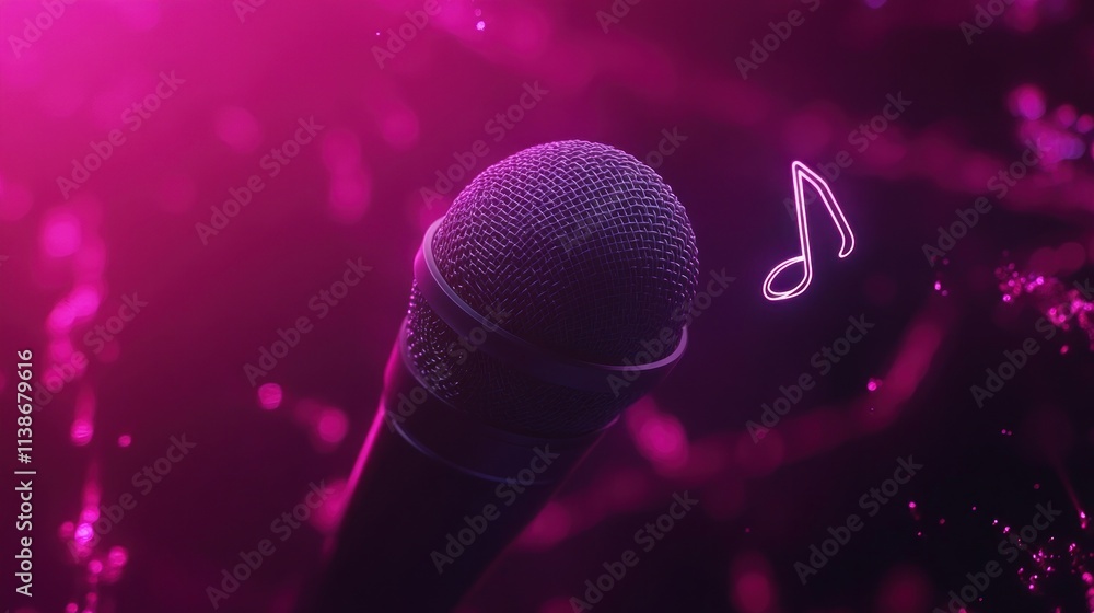 Aufkleber microphone with a note and bokeh on pink light.