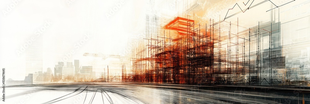 Poster Abstract view of urban architecture with graphic lines on white background.