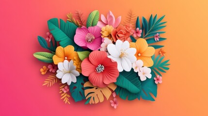 Colorful Paper Flowers and Green Leaves Arrangement on Gradient Background for Art and Design