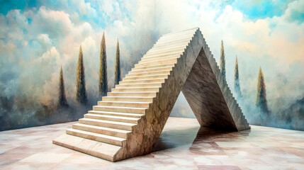 Surreal staircase ascending and descending in dreamlike room
