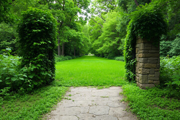 Obraz premium A stone archway in the middle of a lush green park