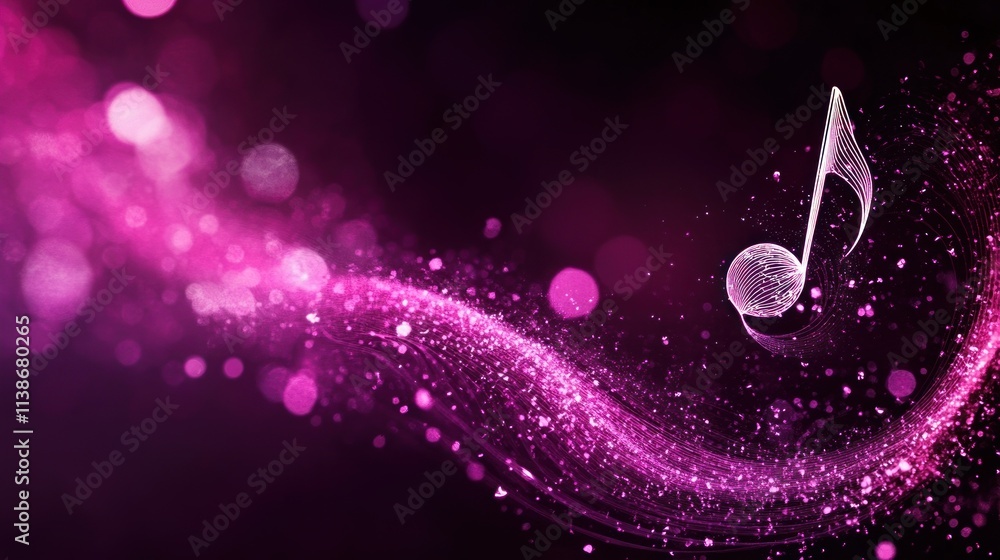 Poster swirling pink wave with musical note and bokeh on dark background.
