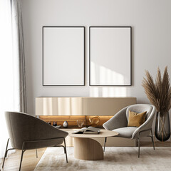Frame mockup, ISO A paper size. Living room wall poster mockup. Interior mockup with house background. Modern interior design. 3D render
