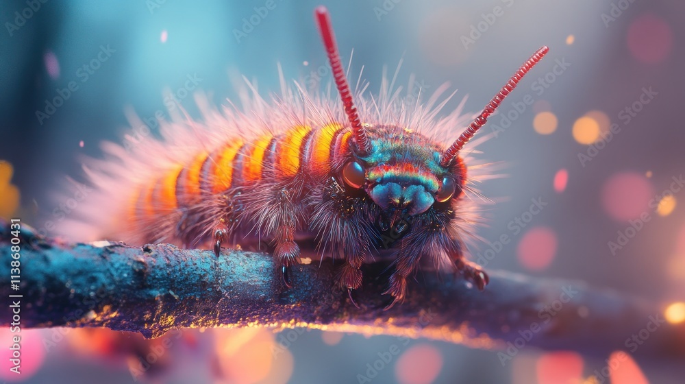 Poster colorful fluffy caterpillar on a twig with soft focus bokeh background.
