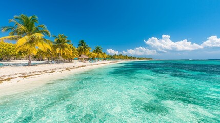 Fototapeta premium A serene beach scene with clear turquoise waters and palm trees under a blue sky.