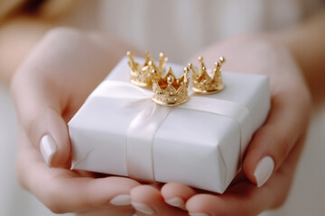 Woman hands holding white present gift box decorated with three small gold crowns. Gift giving at Three Kings day, Los Tres Reyes Magos, Epiphany day