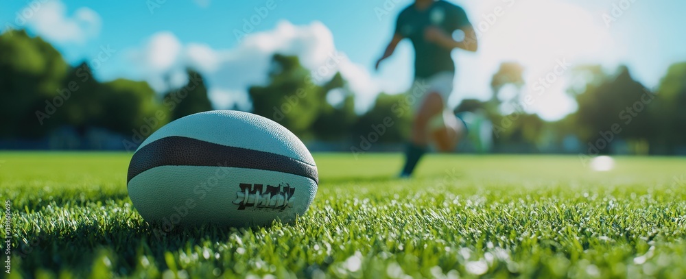 Poster rugby ball on field; player running in background.