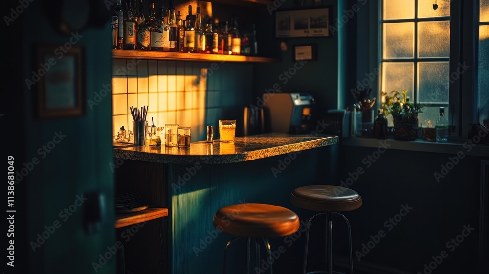 Aufkleber bar area with two stools and golden light.