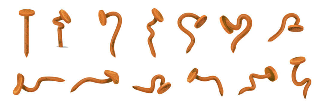 Rusty nails. Old iron nail hammered into wood wall, damaged bending steel hobnail with curved head, sharp grunge spike bent stud carpenter tool for hammer, neat vector illustration