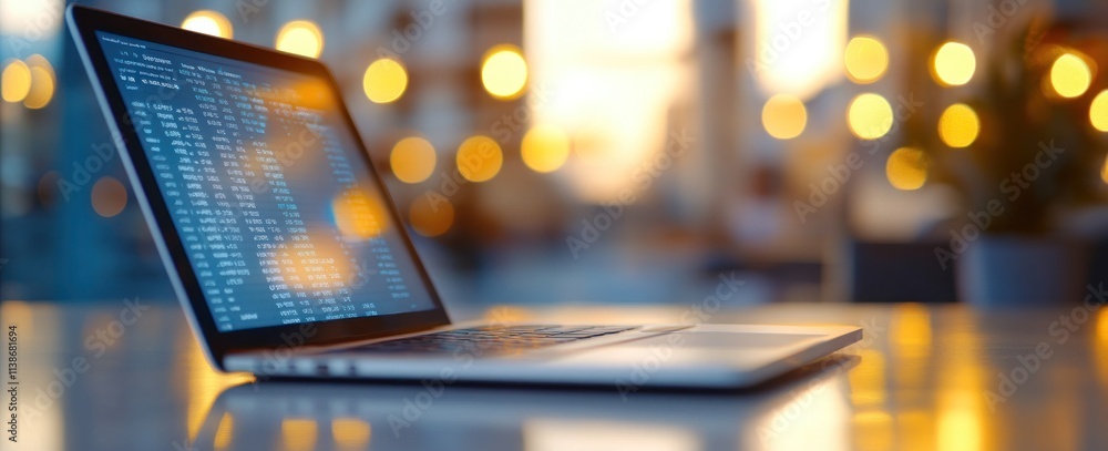 Poster laptop with code on screen, blurred lights background.