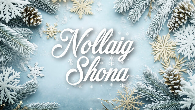 Elegant Christmas Background with Silver Elements and "Nollaig Shona" Festive Greeting in Irish