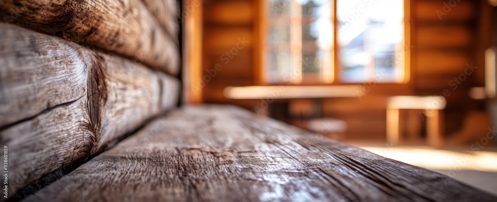 Poster wooden bench in rustic interior with window and table out of focus.