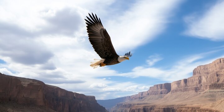 A majestic eagle soaring high above a rocky canyon under a blue sky with white clouds floating by.