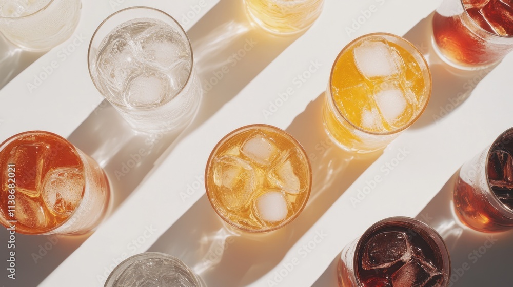 Poster drinks with ice in glasses on a sunny surface, top view.