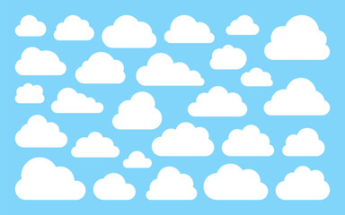 White cloud silhouette flat set. Puffy edges forms, rounded simple outlines, minimal curves, clean cartoon icon. Weather clouds, cumulus abstract shapes, airy empty cloudlet for text, web, kids design