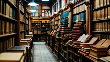 Obraz premium old library, rows of bookshelves, wooden ladders, antique books, warm lighting, arched ceiling, cozy atmosphere, narrow aisle, leather-bound tomes, scholarly ambiance, historic archives, dusty volumes