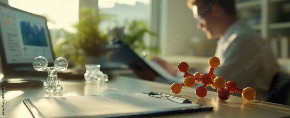 Aufkleber molecular structure and scientist at work.