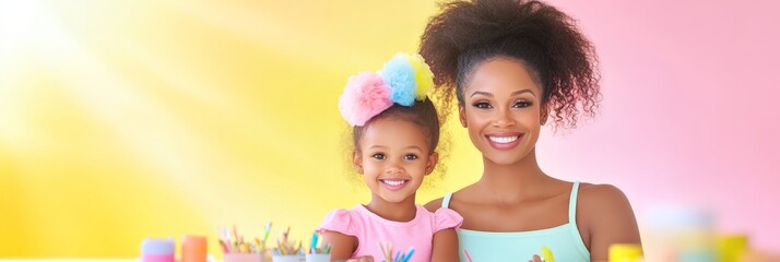 A joyful mother and daughter smiling during a crafting session with colorful art supplies on a bright background. Ideal for family and creativity concepts.